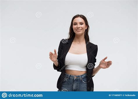 Cheerful Woman Showing Big Size With Hands Stock Image Image Of