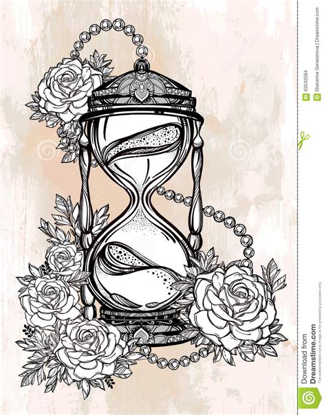 Salta a las fotos  mostrar 1 tatuajes de relojes realizados con tinta negra. Diseño Dibujado Mano De Reloj De Arena Con Las Rosas Ilustración del Vector - Ilustración de ...