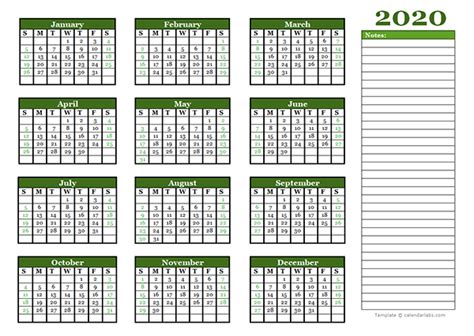 Download excel and design calendar of your choice. 2020 Yearly Calendar With Blank Notes - Free Printable ...