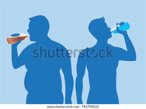Silhouette Fat Man Drink Soda But Healthy Man Drink Pure Water