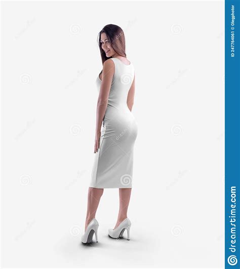 Template Of A White Tight Knee Length Dress On A Dark Haired Smiling