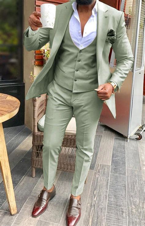 Sage Green Suits Notch Lapel Mens 3 Pieces Blazer Latest Silm Fit
