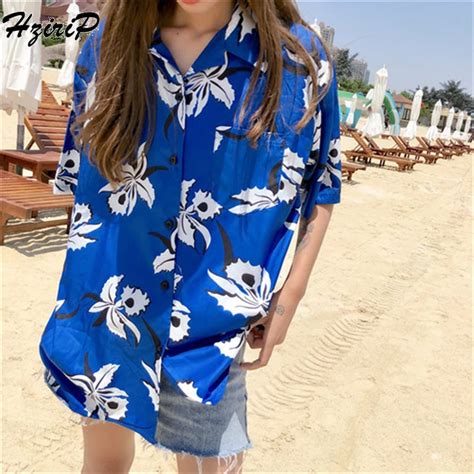 Hzirip 2018 New Trendy Summer Tops Lapel Short Sleeve Loose Casual Blue Floral Print Shirt Women