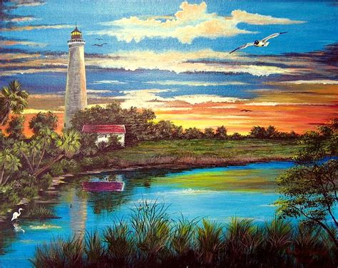 Lighthouse Sunset Painting By Riley Geddings