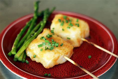 Satay Of Miso Glazed Chilean Sea Bass Grilled Asparagus Recipe Chilean Sea Bass Sea Bass