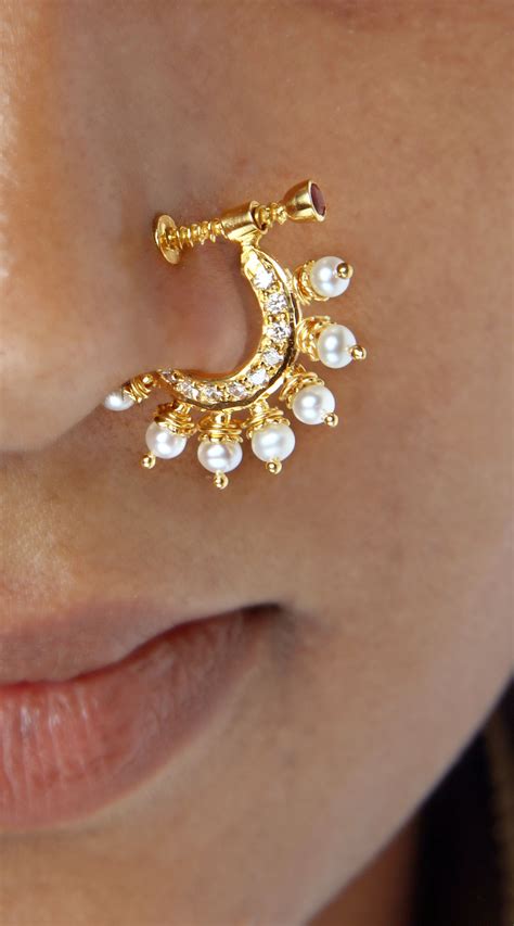 235 Gnp003 22k Gold Nath Nose Ring With Cz Ruby And Pearls Nose