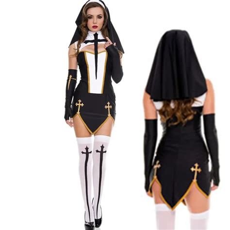 New High Quality Sexy Nun Costume Adult Women Cosplay Dress With Black Hood For Halloween Sister