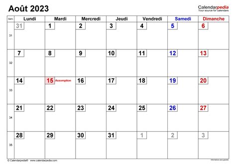 Calendrier Août 2023 Excel Word Et Pdf Calendarpedia