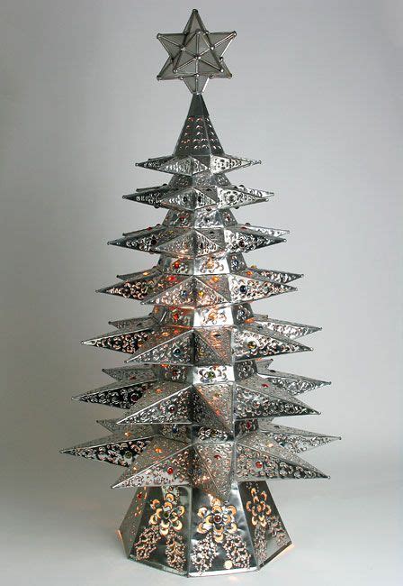 Lighted Natural Punched Tin Star Christmas Tree With Colored Marbles