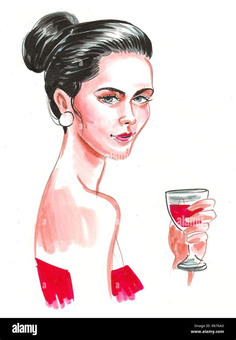 Beautiful Woman In Red Classical Dress Holding A Glass Of Red Wine Ink And Watercolor