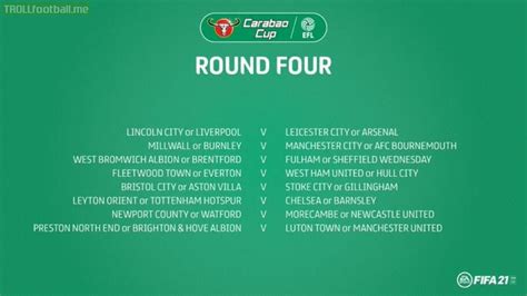 This was introduced in order to limit issues of additional fatigue, as carabao cup fixtures typically take. Carabao Cup Round 4 Fixtures | Troll Football