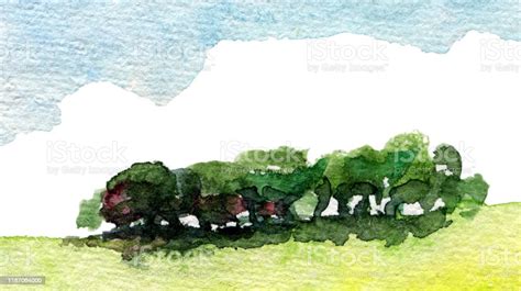 Hand Drawn Traditional Watercolor European Panoramic Landscape Stock