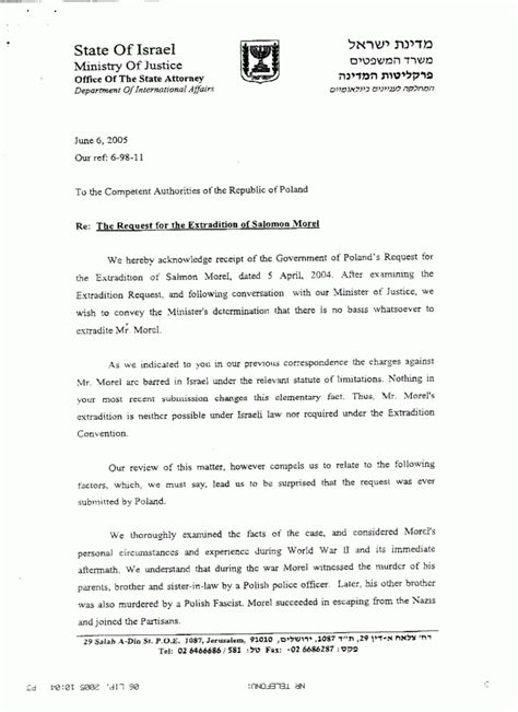 Odpowiedź Państwa Izrael na wniosek o ekstradycję Salomona Morela oraz