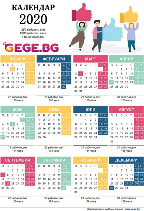 Календар за 2020 с работните почивните и празничните дни Gegebg
