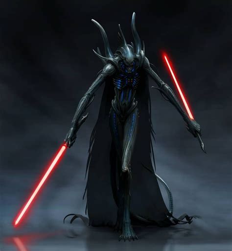 A Star Wars Character With Two Lights Sabers In His Hand And An Alien