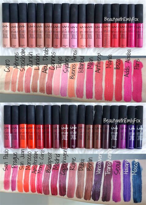 Swipe this plush, creamy lightweight matte lipstick on the center of your lips and blend out with your finger or brush for a lip tint look that. All 34 shades of the NYX Soft Matte Lip Cream - Swatches ...