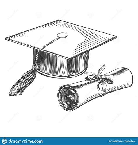 Graduate Cap And Diploma Education Vintage Set Hand Drawn Vector