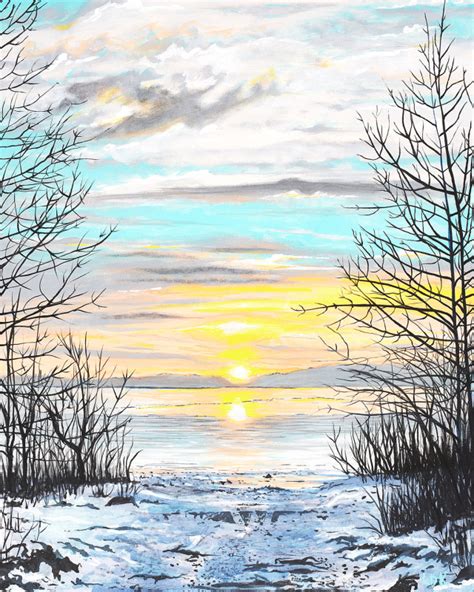 Early Morning Crescendo Acrylic Painting Winter Lake Scene Escanaba