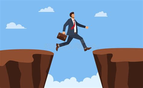 Businessman Jump Through The Gap Obstacles Between Hill Success