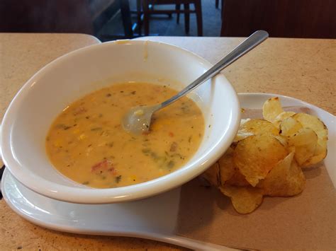 Healthy lunch ideas for the kids or for work. Panera summer corn chowder and chips : shittyfoodporn