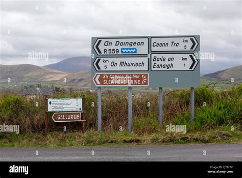 Beautiful Landscape With Irish Language Road Signs In The West Kerry