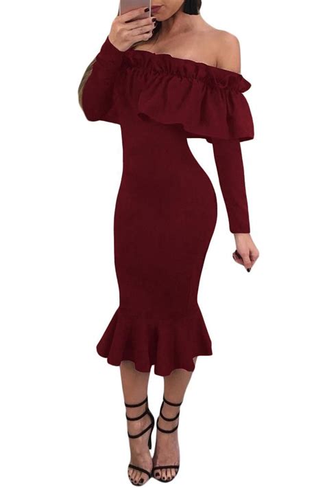Her Fashion Burgundy Long Sleeve Ruffle Off Shoulder Dress With Images Full Sleeves Dress
