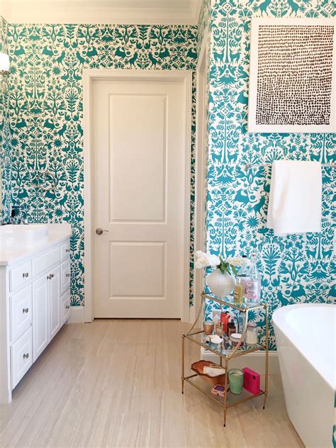 Master Bath With Otomi Inspired Wallpaper From Hyggeandwest Design
