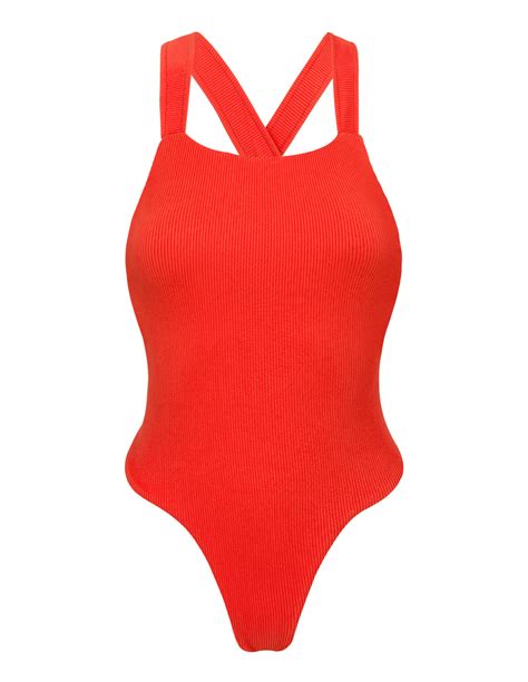 Red Ribbed High Leg One Piece Swimsuit Crossed Back Cotele Tomate