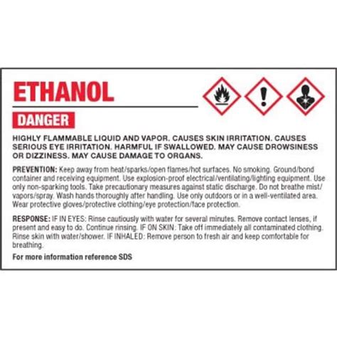 SETON IDENTIFICATION PRODUCTS GHS Chemical Labels Ethanol 2 1 4 H
