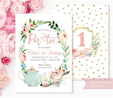 Floral Tea Party Birthday Invitation Girl 1st Birthday High Etsy