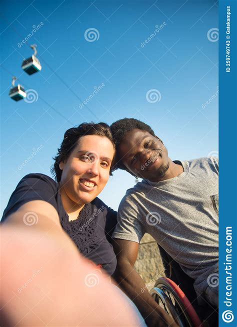 Pleased Biracial Couple Taking Selfie On Embankment Stock Image Image