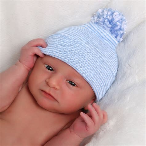 Striped Baby Blue Pom Pom Newborn Boy Hospital Hat Hospital Hats
