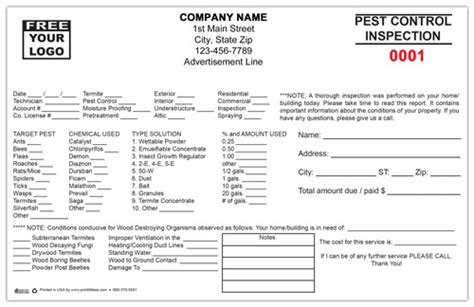 Custom Printed Pest Control Inspection Form