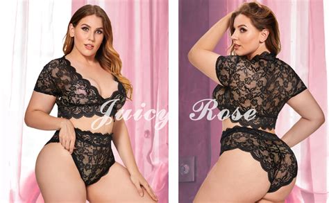 juicyrose plus size 2 piece lingerie set for women sexy deep v allover lace bra and panty high