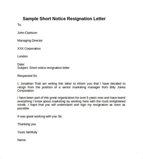 Sample Resignation Letter Short Notice 6 Free Documents Download In