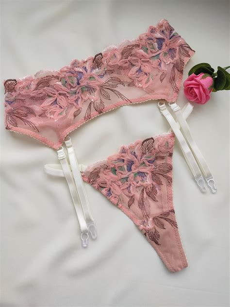 flower embroidered lingerie setpink lace lingerie etsy