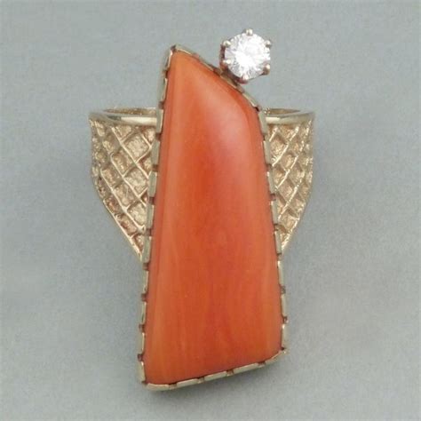 Harvey Begay Navajo Carat Gold Ring With Coral And Diamond