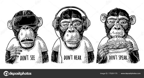 Three Wise Monkeys Not See Not Hear Not Speak Vintage Engraving