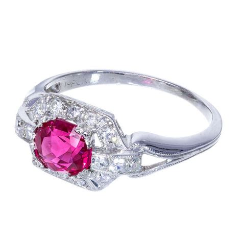 Art Deco Purplish Pink Certified Burma Ruby Platinum Diamond Ring At