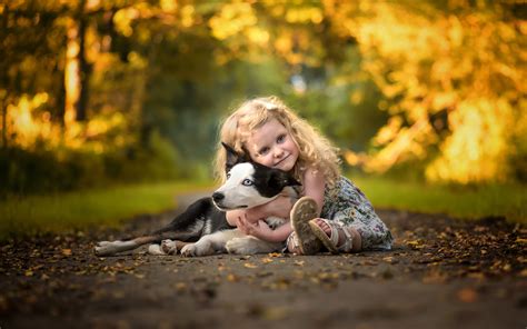Pictures Little Girls Dog Child Hug 3840x2400