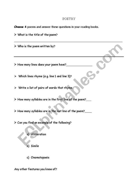 English Worksheets Poetry Questions