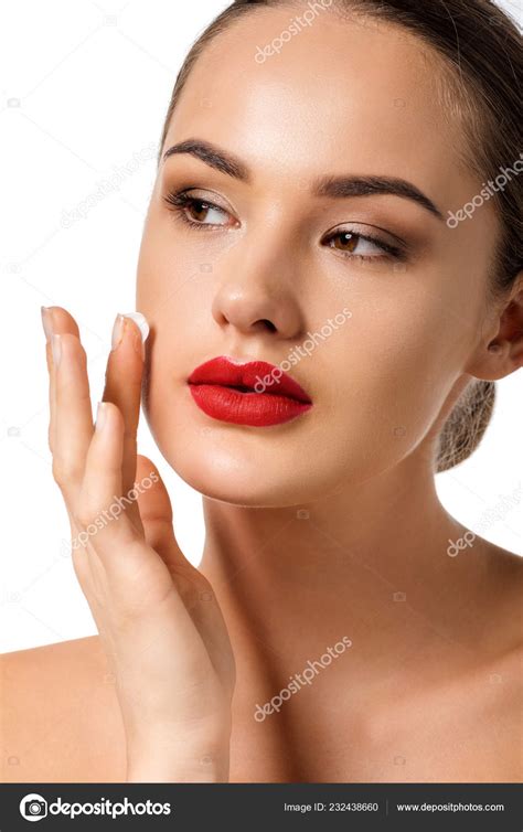 Beautiful Girl Red Lips Applying Cream Face Isolated White Stock Photo