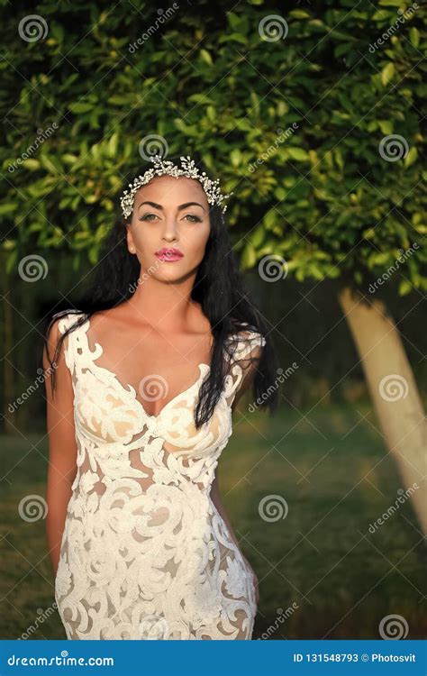 Wedding Woman Or Bride In White Dress And Crown Stock Image Image Of