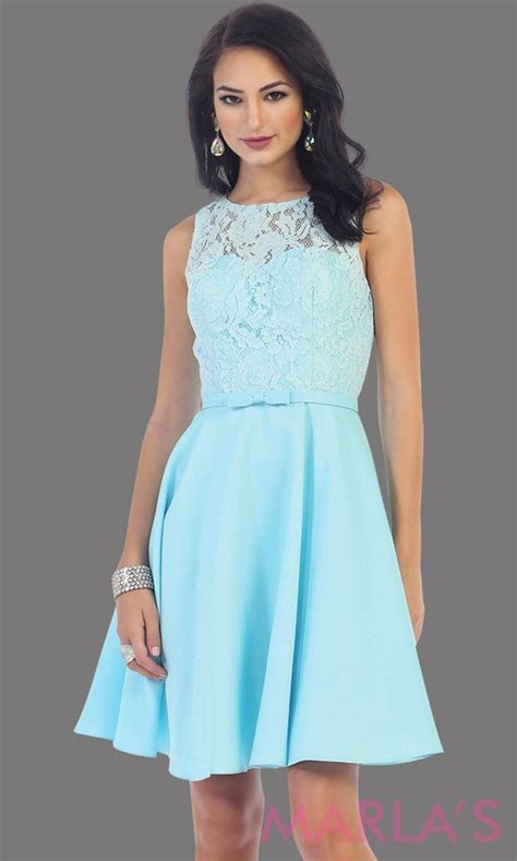 Short Simple Semi Formal Aqua Blue Dress With Lace Bodice And Satin