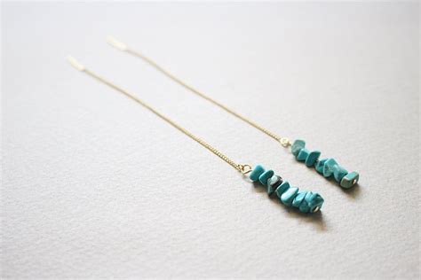 Turquoise Threader Earrings Blue Stone Earrings Long Etsy Threader