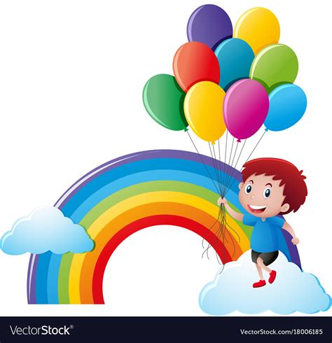 Boy Holding Balloons With Rainbow Background Vector Image