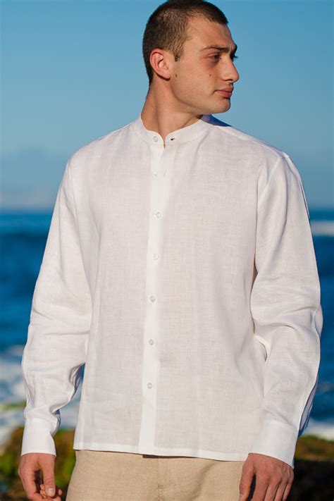 Mens Linen Nehru Collar Long Sleeve White Shirt Island Importer