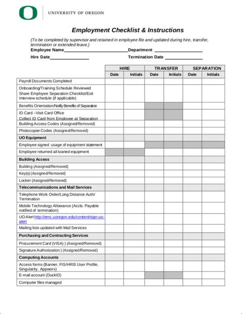 Printable Employee File Checklist
