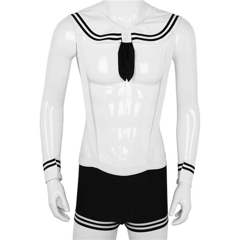 msemis mens sexy sailor costume overalls cosplay underwear set suspenders boxer with collar