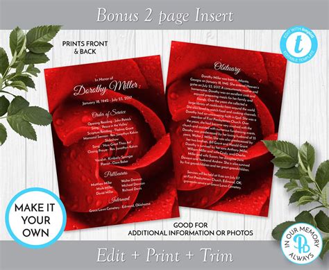 Red Rose Funeral Program Template Obituaryorder Of Service Etsy